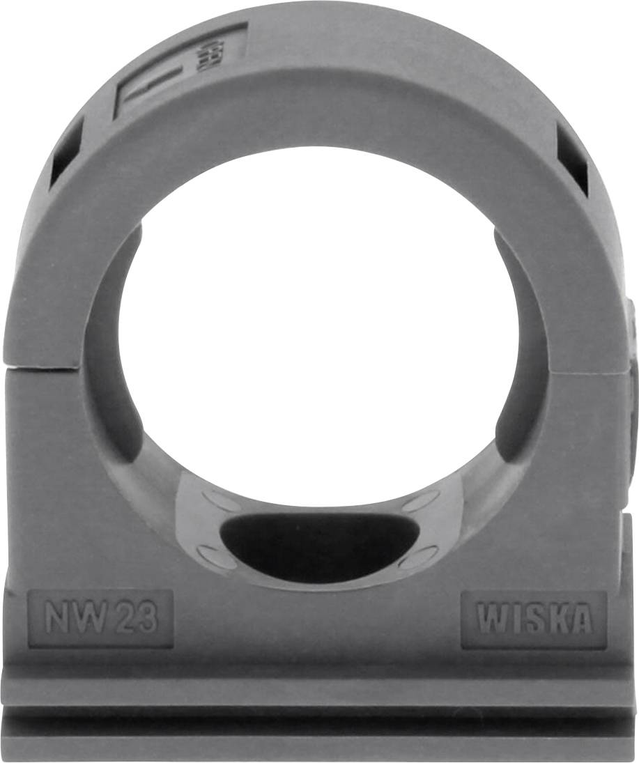 Collier de fixation en plastique gris portant la marque 'NW23 Wiska', adapté pour la fixation sécurisée des câbles.