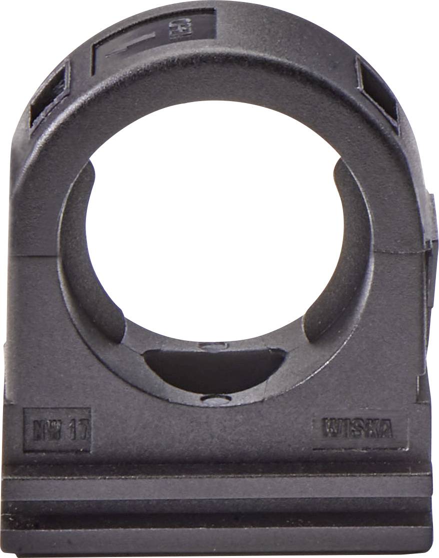 Pince de fixation en plastique pour conduite, noir, avec ouverture circulaire et base stable.