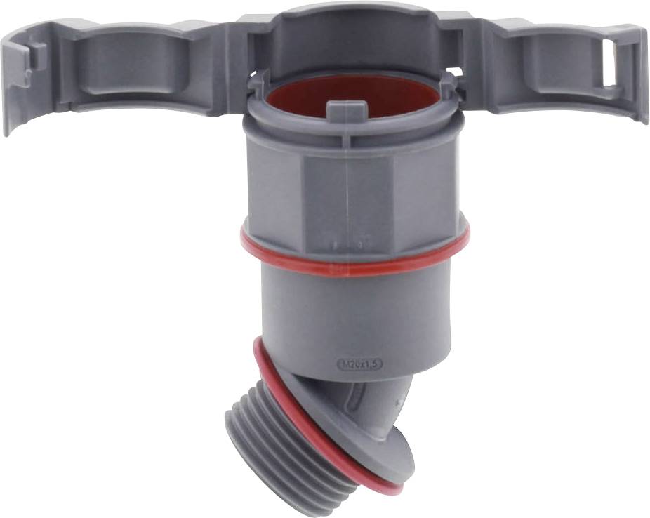 Valve en plastique gris avec joint d'étanchéité rouge et embout courbé, vue latérale.