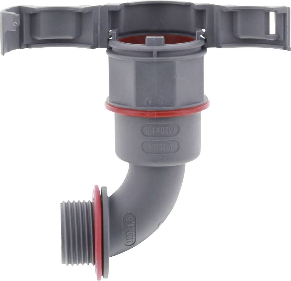 Connecteur d'angle en plastique gris avec joint d'étanchéité rouge, adapté pour les tuyaux, design en T visible.