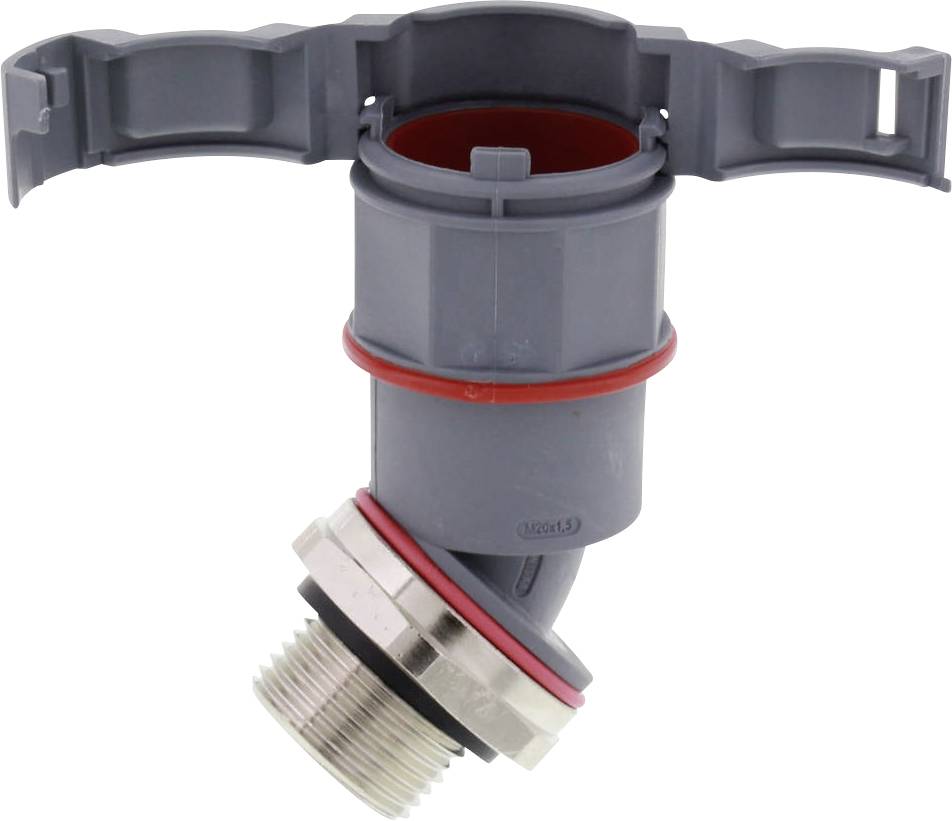 Raccord de tuyau gris avec joint d'étanchéité rouge et filetage métallique, adapté aux connexions industrielles ou aux installations de tuyauterie.
