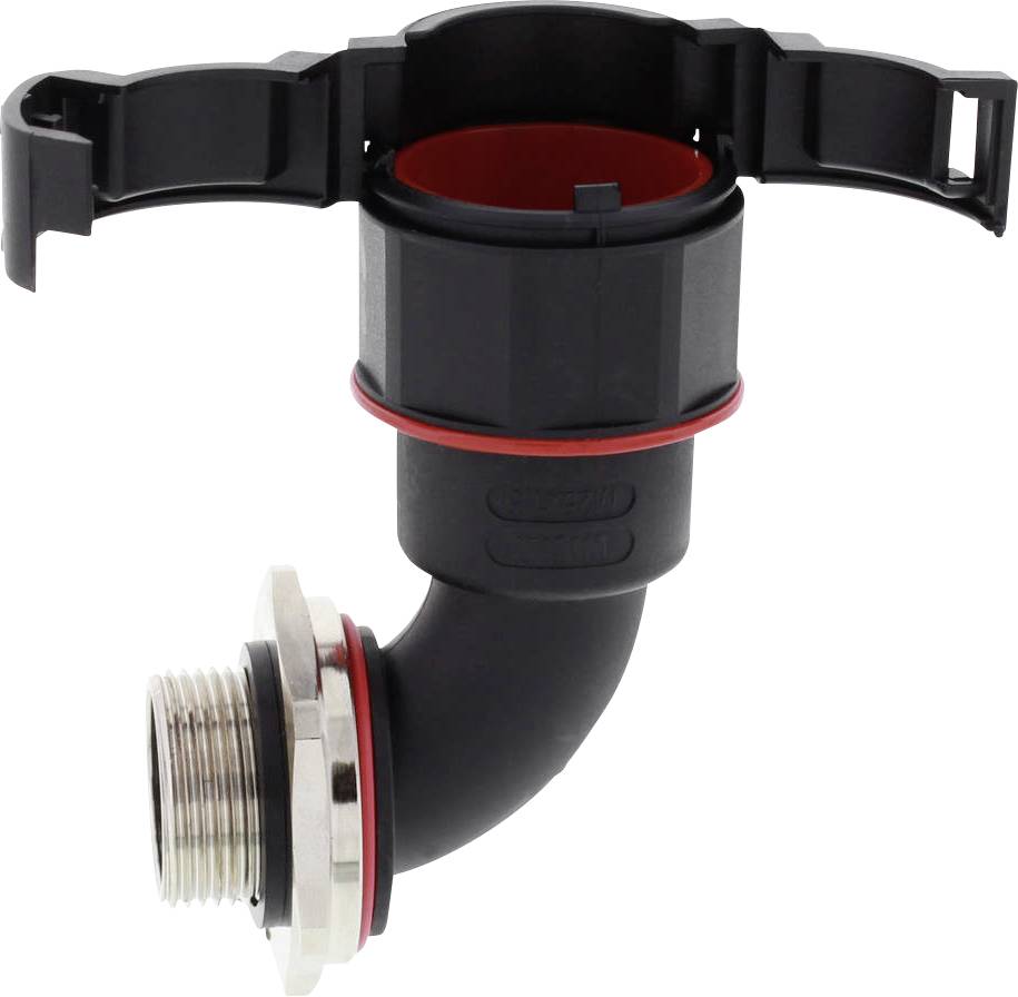 Raccord de tuyau à 90 degrés avec forme incurvée noire et anneau intérieur rouge. Filetage métallique pour une connexion sécurisée. Idéal pour les installations sanitaires.