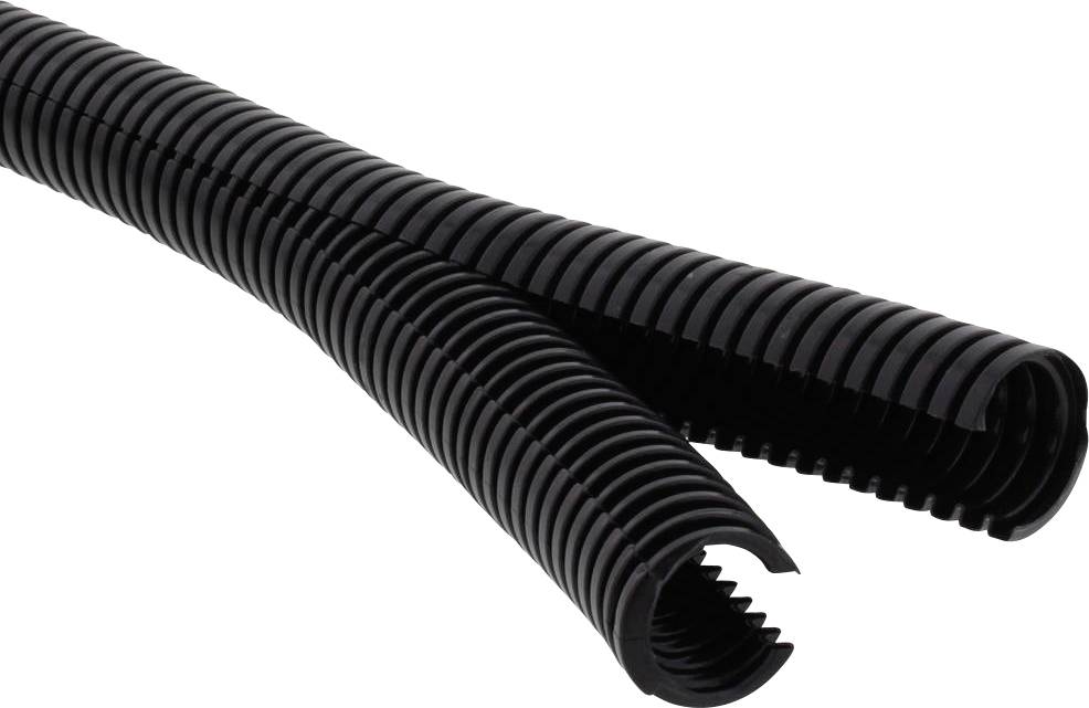 Gaine technique en plastique noir pour le guidage des câbles, caractérisée par sa structure flexible et striée.