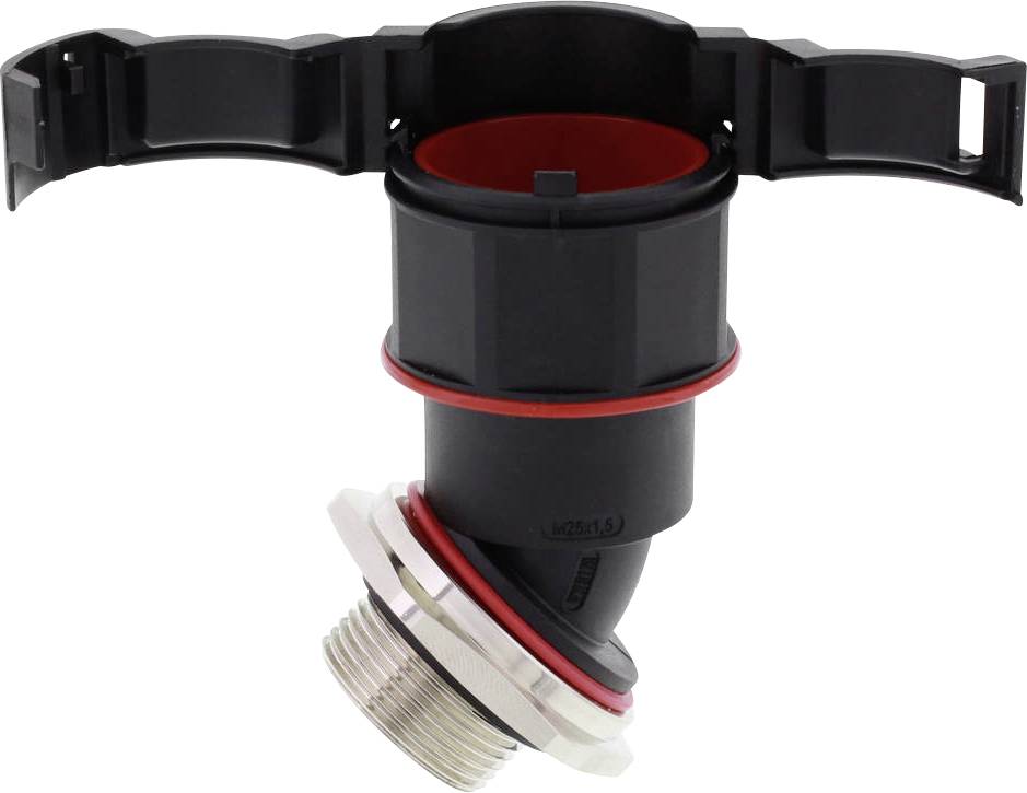 Un adaptateur d'angle noir avec des joints d'étanchéité rouges et un raccord fileté. Utilisé pour les connexions de tuyaux.