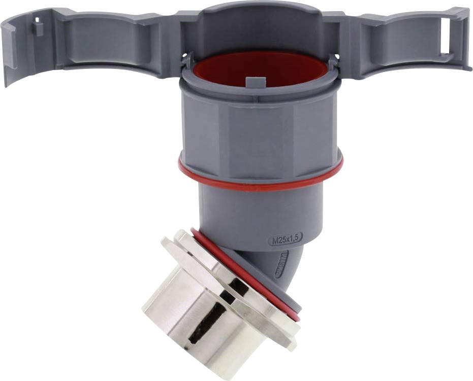 Un adaptateur gris en plastique avec un anneau intérieur rouge et une partie de connexion argentée, probablement un composant pour des systèmes sanitaires ou de tuyauterie.