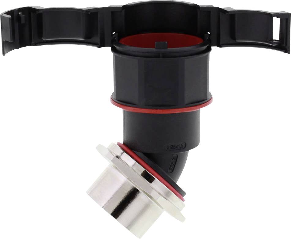 Un dispositif noir et argenté avec un joint d'étanchéité rouge, probablement un élément d'un système de connexion technique.