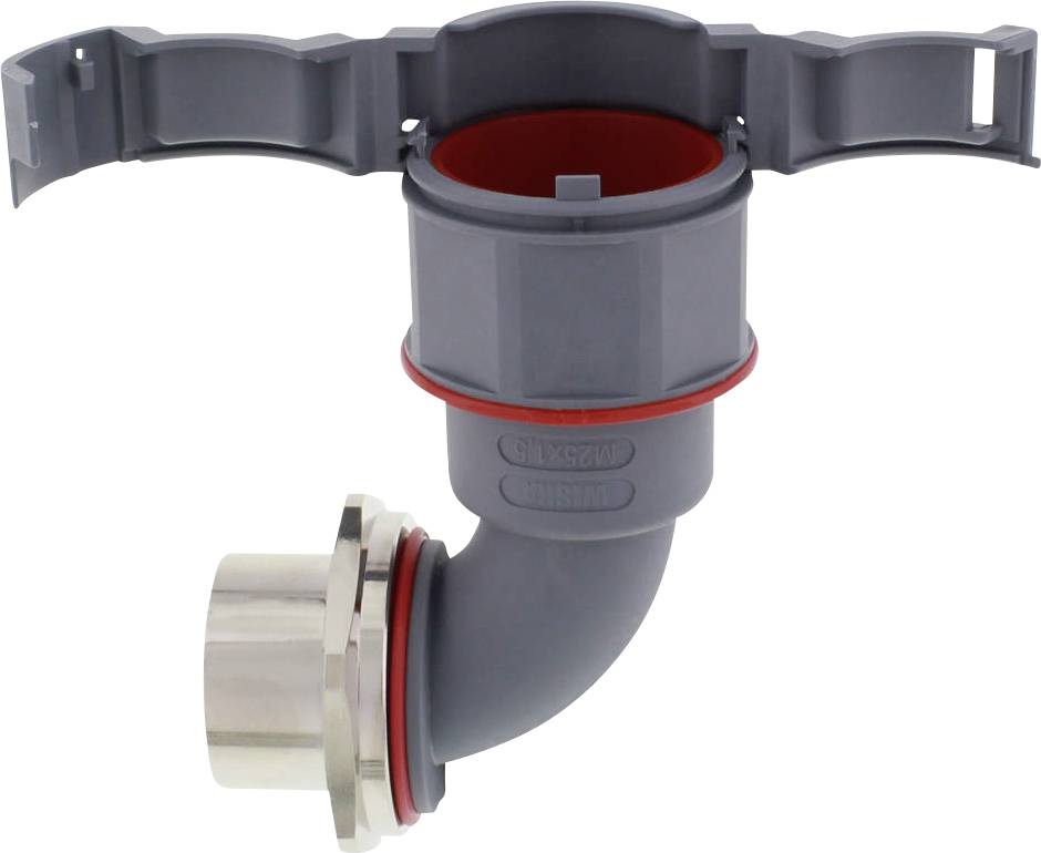 Un tuyau en plastique gris avec un joint d'étanchéité rouge et un raccord en acier inoxydable, adapté aux installations sanitaires.