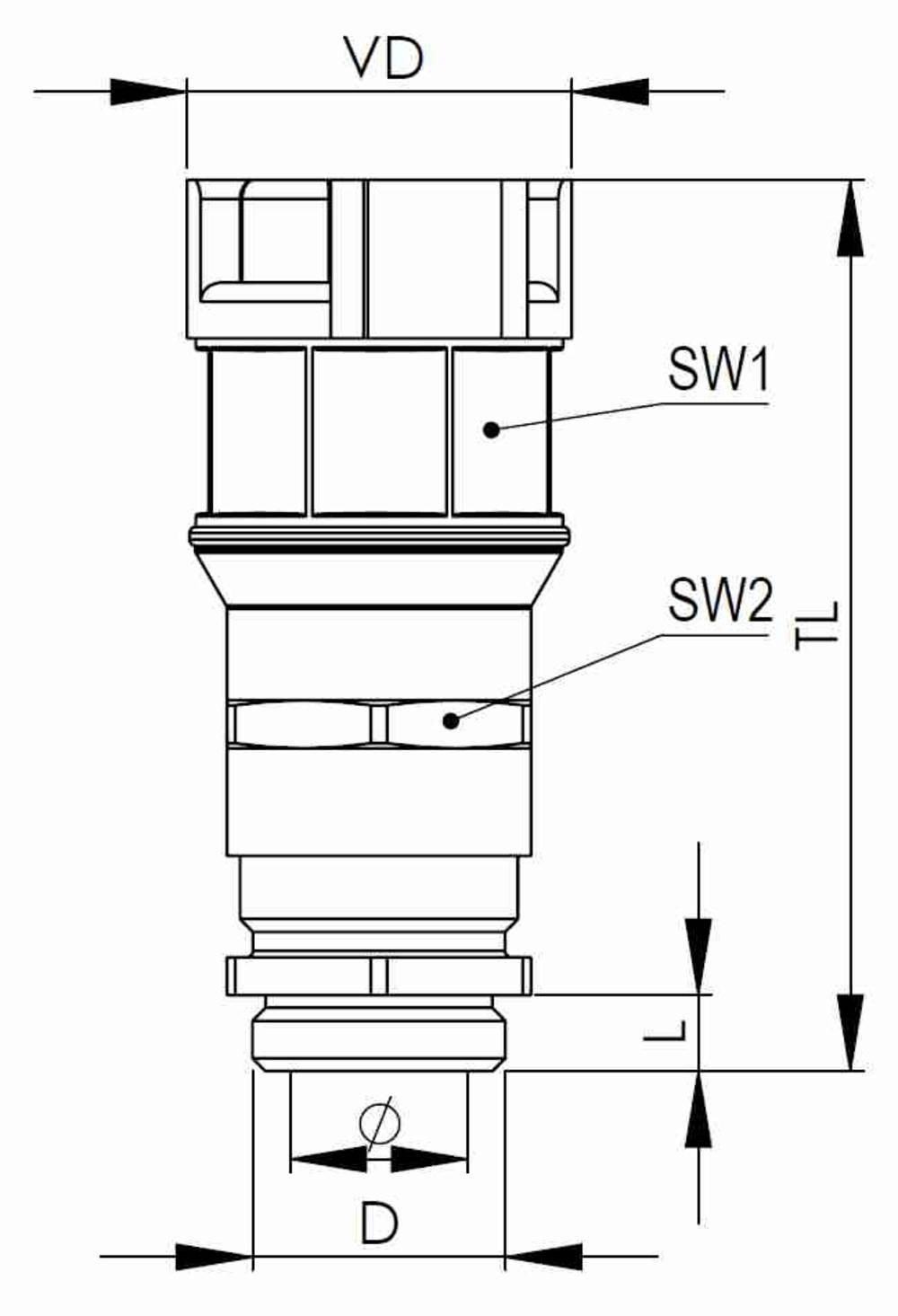 Dessin technique d'un composant avec les cotes VD, TL et diamètre D. Deux largeurs de clé SW1 et SW2 marquées sont visibles.