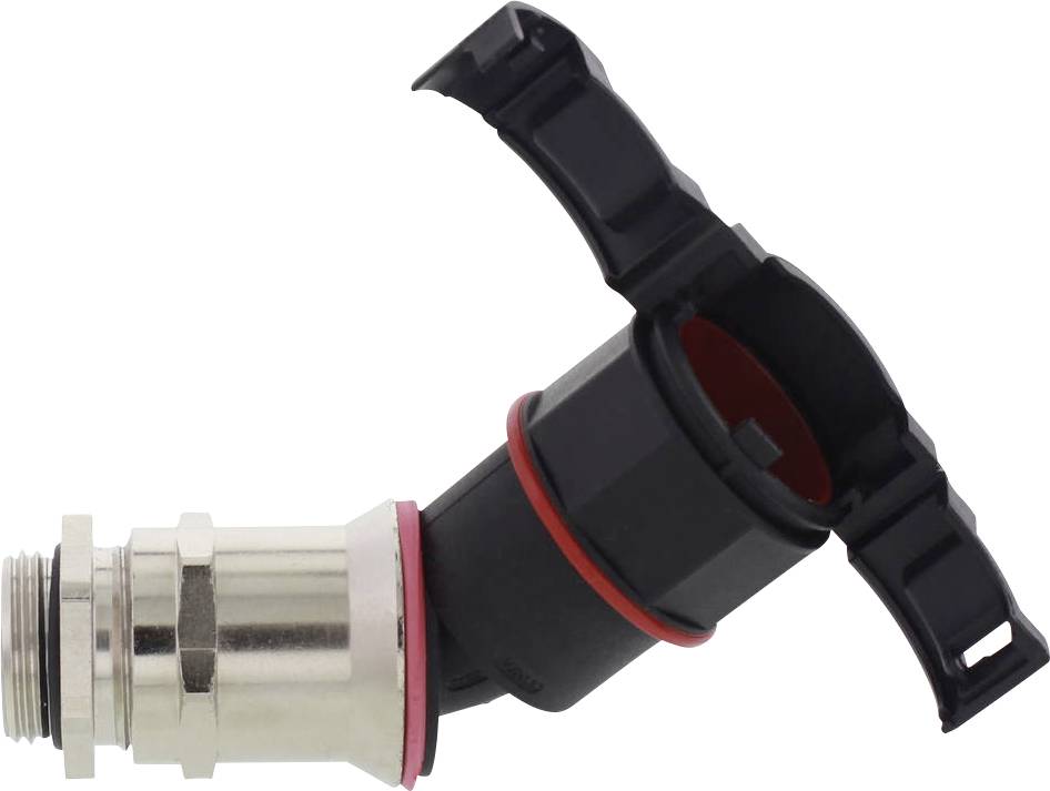 Connecteur métallique coudé avec boîtier en plastique noir et joint d'étanchéité rouge. Adapté pour des applications industrielles.