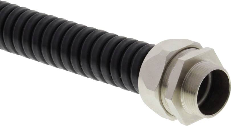 Tuyau noir nervuré avec raccord de tuyauterie en métal argenté, utilisé pour connecter des tubes dans les installations.