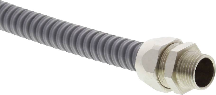 Gaine de protection métallique pour câble avec surface nervurée et écrou de raccordement à l'extrémité, utilisée pour la gestion et la protection des câbles.