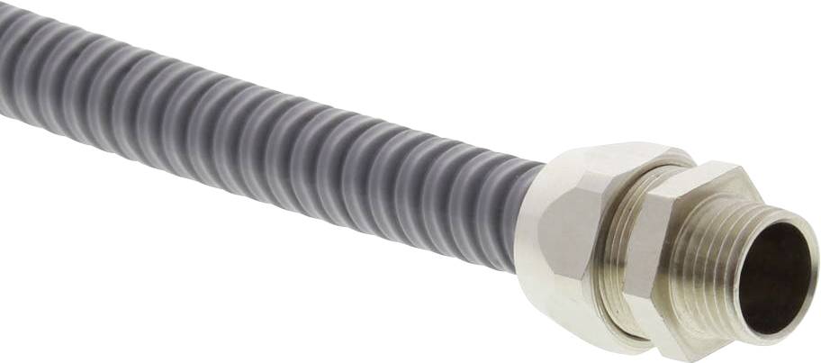 Tuyau flexible en métal gris avec un écrou-raccord en acier inoxydable à une extrémité, fréquemment utilisé pour les connexions de tuyauterie.
