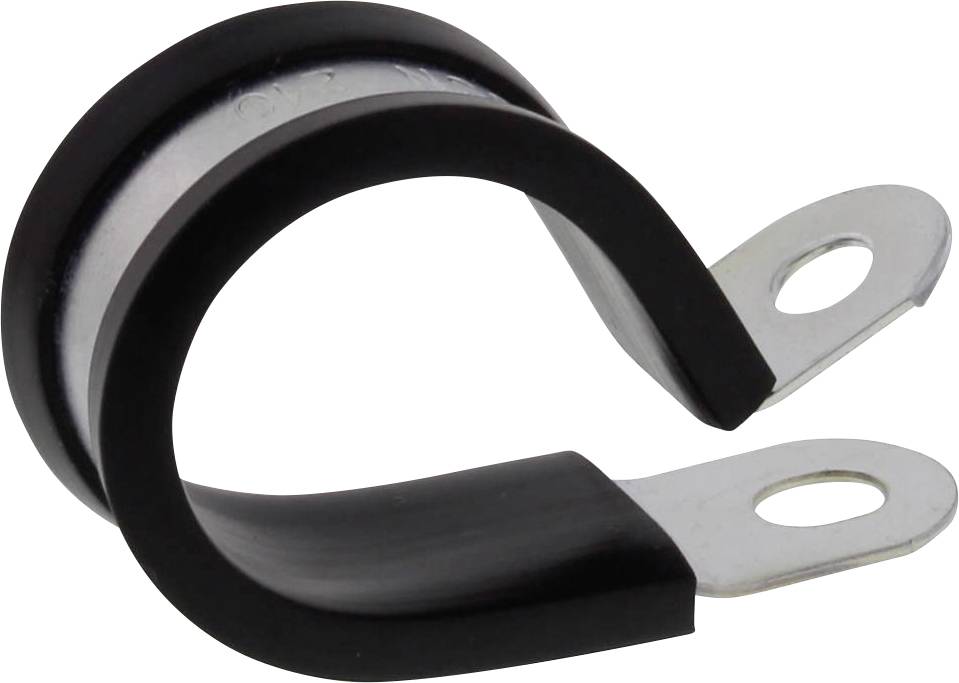 Collier de serrage en métal noir avec revêtement en caoutchouc, pour la fixation de câbles ou de tuyaux.