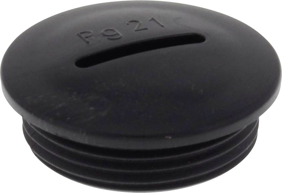 Bouchon de fermeture en plastique noir portant l'inscription 'Pg21' sur le dessus, destiné à couvrir des gaines de câbles.
