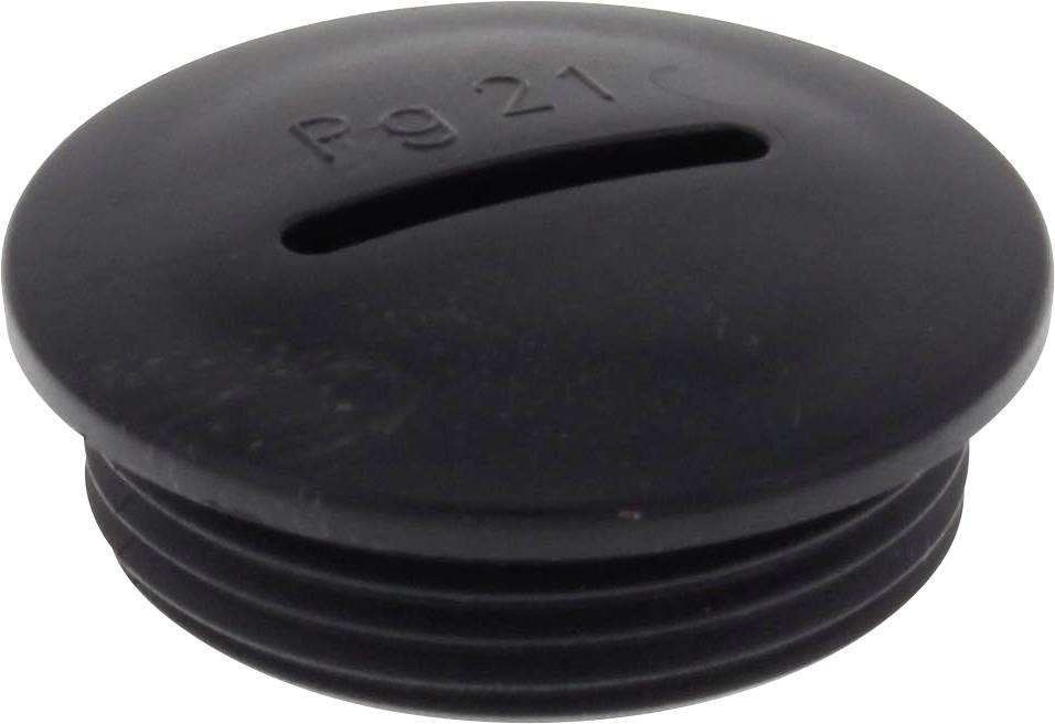 Bouchon de câble noir avec rainures de fixation. Inscription : Pg21.