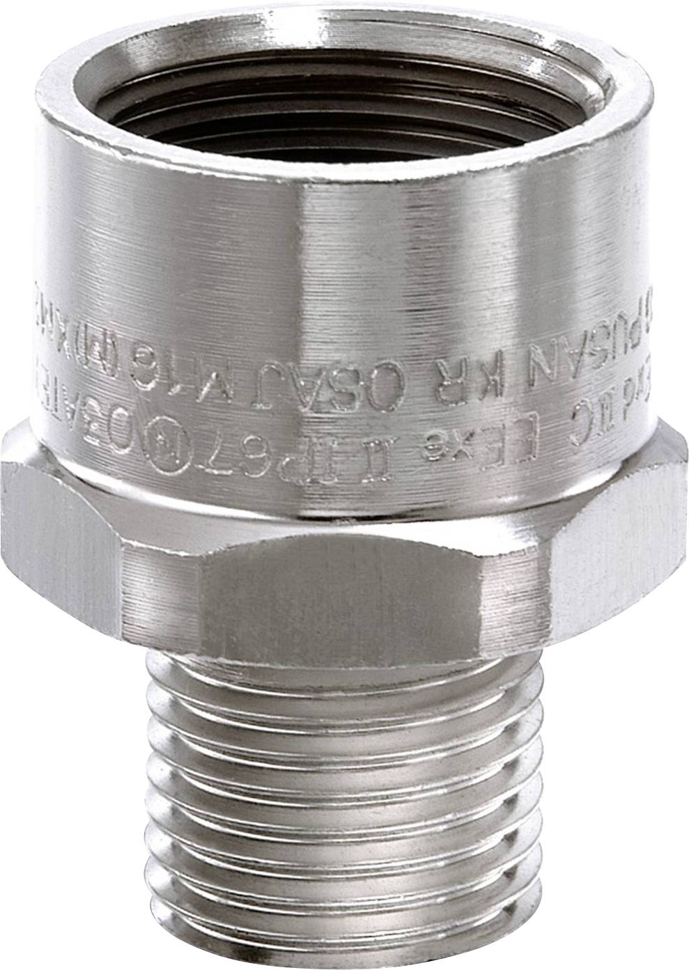 Raccord de tube métallique avec filetage extérieur et écrou hexagonal, de forme cylindrique, adapté aux installations sanitaires ou de chauffage.