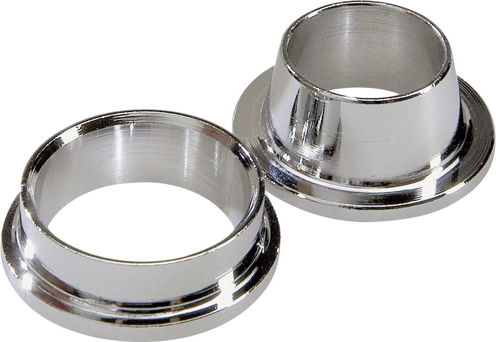 Deux brides métalliques brillantes, côte à côte sur un fond blanc. Elles présentent une surface polie et des formes cylindriques.