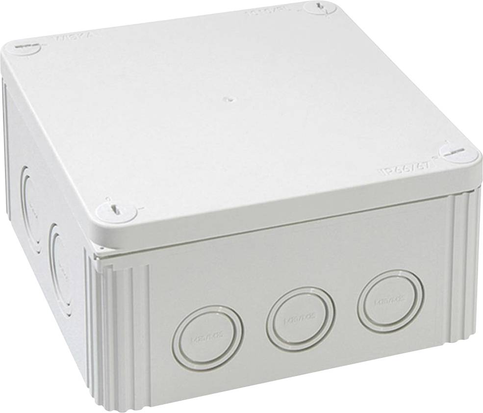 Un boîtier de distribution rectangulaire gris avec un couvercle amovible, adapté à la protection des connexions électriques à l'intérieur et à l'extérieur.