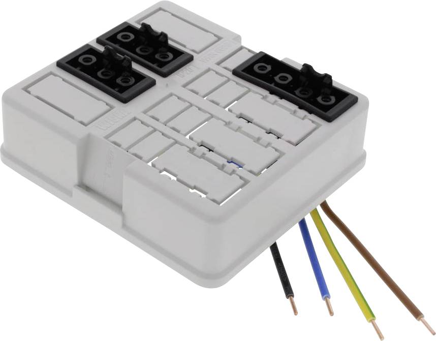 Un module de connexion électrique avec quatre fils colorés saillants : noir, bleu, jaune-vert et marron.