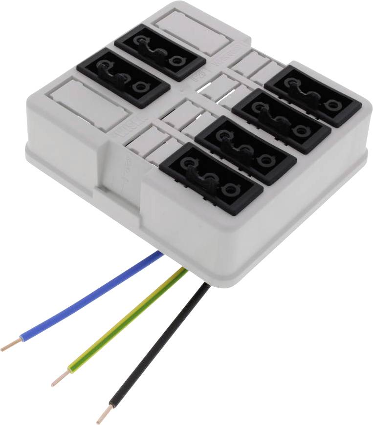 Un bloc de connexion électrique blanc avec huit emplacements noirs et six fils dépassants en bleu, jaune, vert et noir.