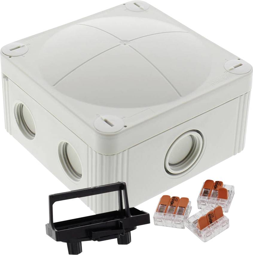 Boîte de connexion avec quatre sorties de câbles, à côté de quatre bornes de connexion et un adaptateur noir pour l'installation électrique.