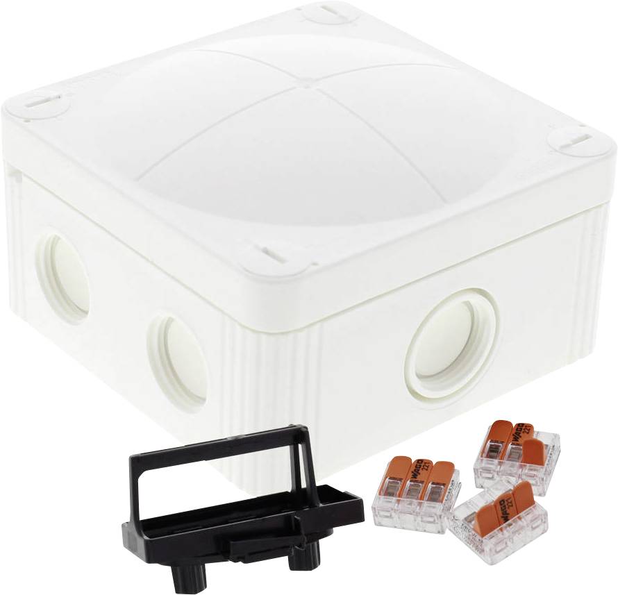 Boîte de distribution blanche avec plusieurs entrées de câbles. À côté se trouvent trois bornes de connexion transparentes et un support noir.