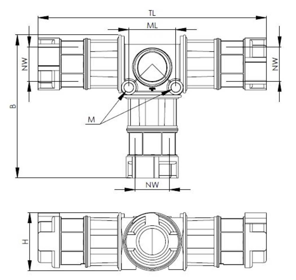 Dessin technique d'un té avec indication des dimensions en largeur (L), hauteur (H), longueur médiane (LM), longueur totale (LT) et diamètre nominal (DN).