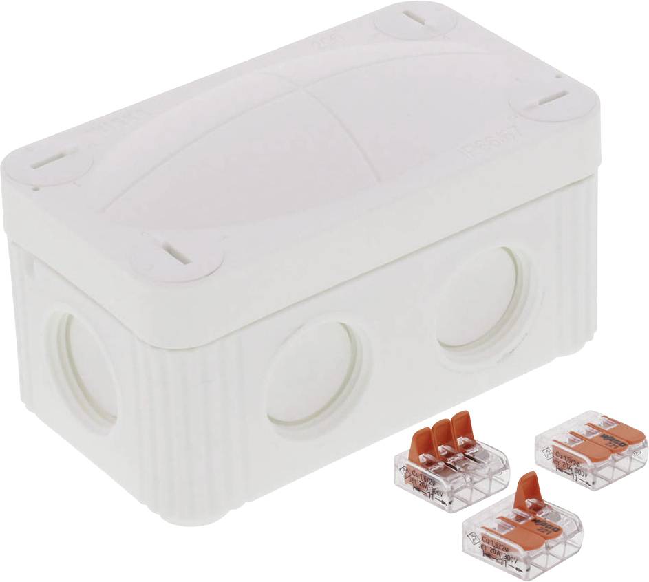 Boîte de jonction en plastique avec trois bornes de connexion transparentes sur fond blanc.
