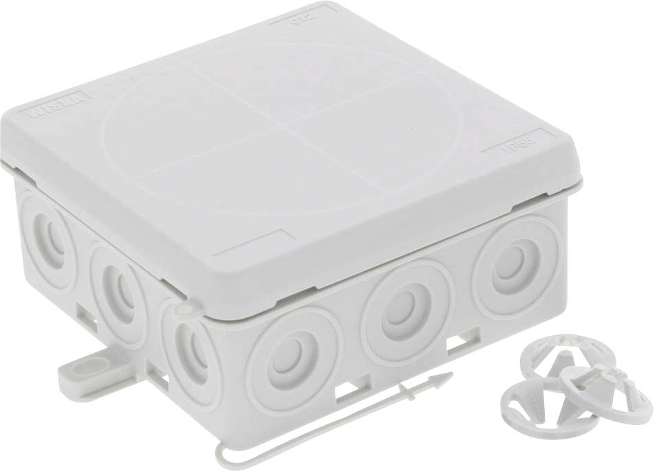Boîte de dérivation blanche pour câbles avec plusieurs entrées rondes et couvercle amovible, adaptée aux installations électriques.