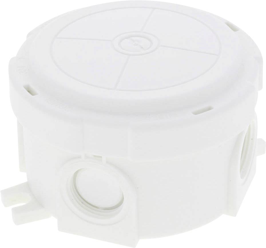 Un boîtier électrique de distribution blanc, rond, avec plusieurs ouvertures latérales, adapté aux installations de câblage.