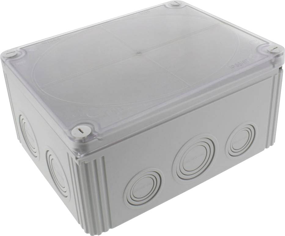 Boîte de dérivation en plastique avec couvercle amovible, coins arrondis. Contient plusieurs ouvertures rondes pour l'entrée des câbles sur les côtés.