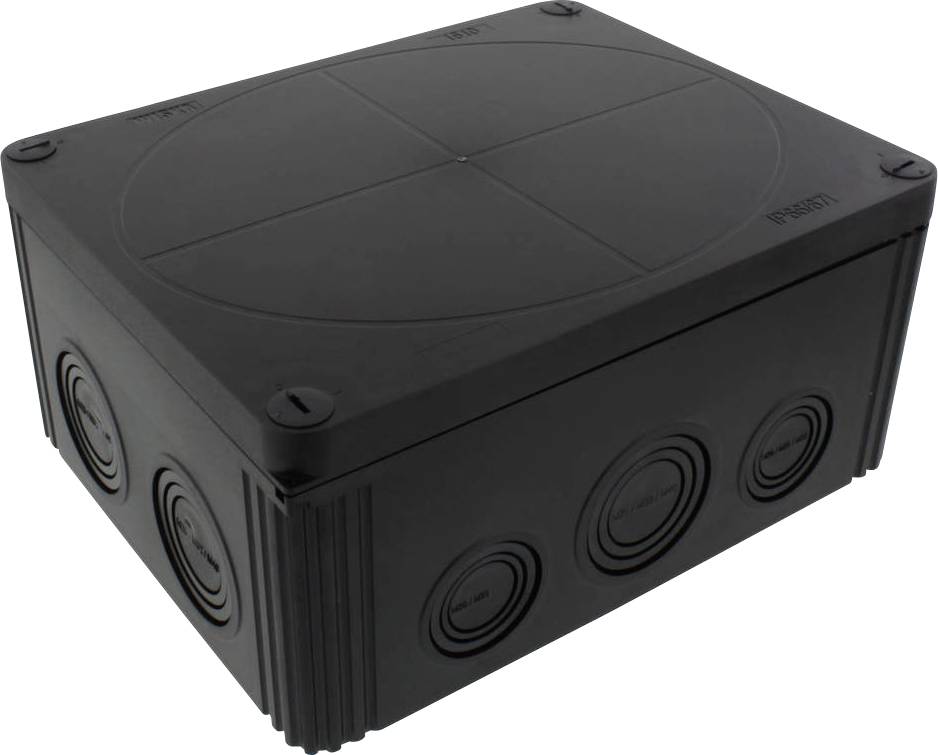 Une boîte noire rectangulaire avec des entrées rondes sur les côtés, probablement une boîte de jonction pour le câblage.