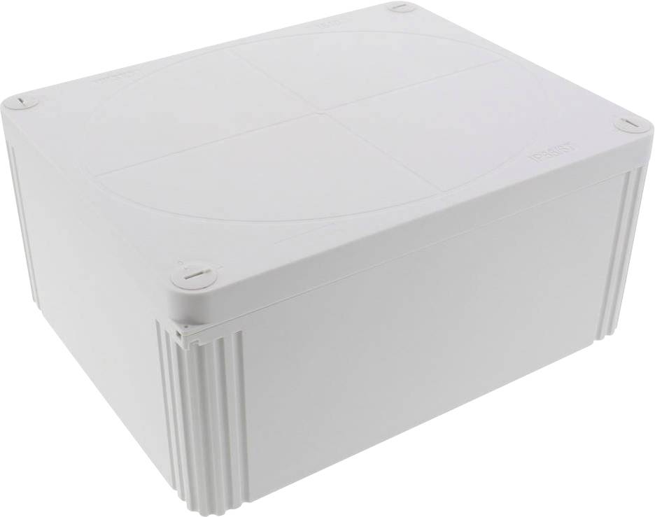 Boîte en plastique blanc rectangulaire avec des coins légèrement arrondis et des rainures verticales sur les côtés.