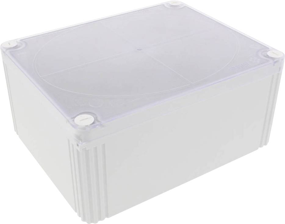 Boîte de connexion en plastique blanc avec couvercle transparent, adaptée aux installations électriques ou aux connexions de câbles.