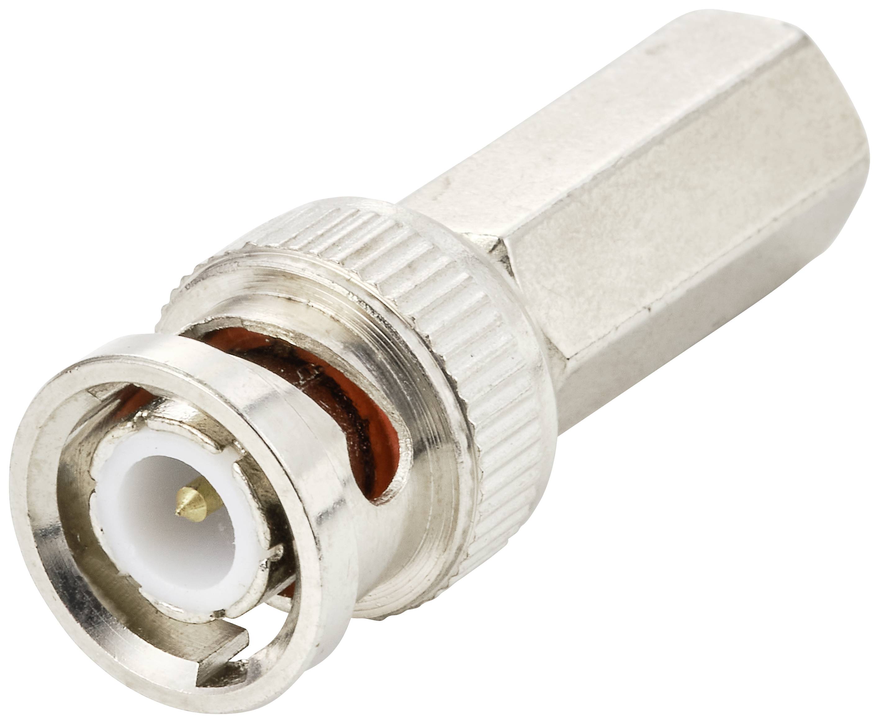 Un adaptateur BNC argenté avec un corps de vis hexagonal, souvent utilisé pour les connexions de câbles coaxiaux en électronique.