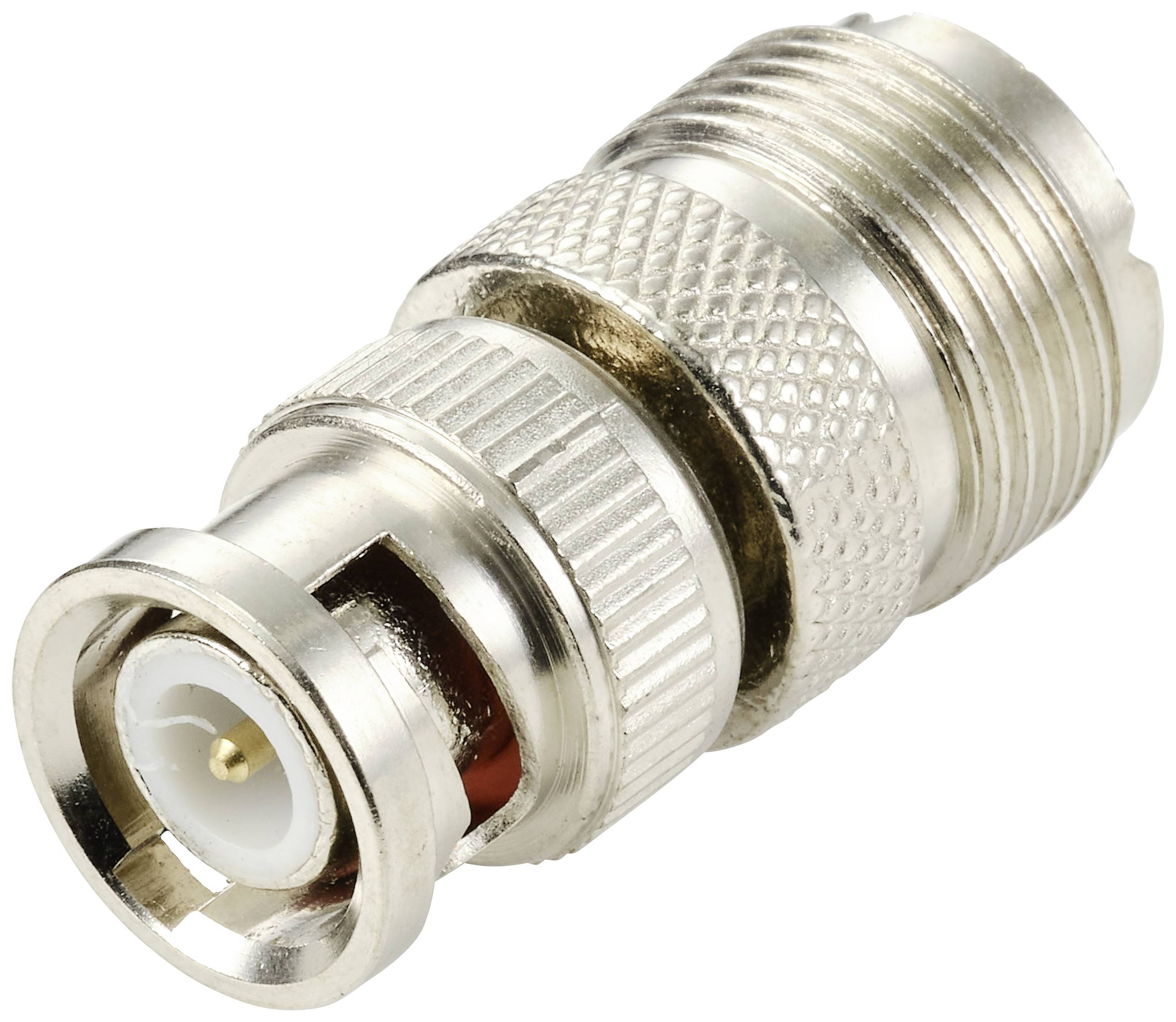 Un adaptateur coaxial argenté avec une poignée striée et une broche centrale, adapté aux connexions de câbles dans les appareils électroniques.