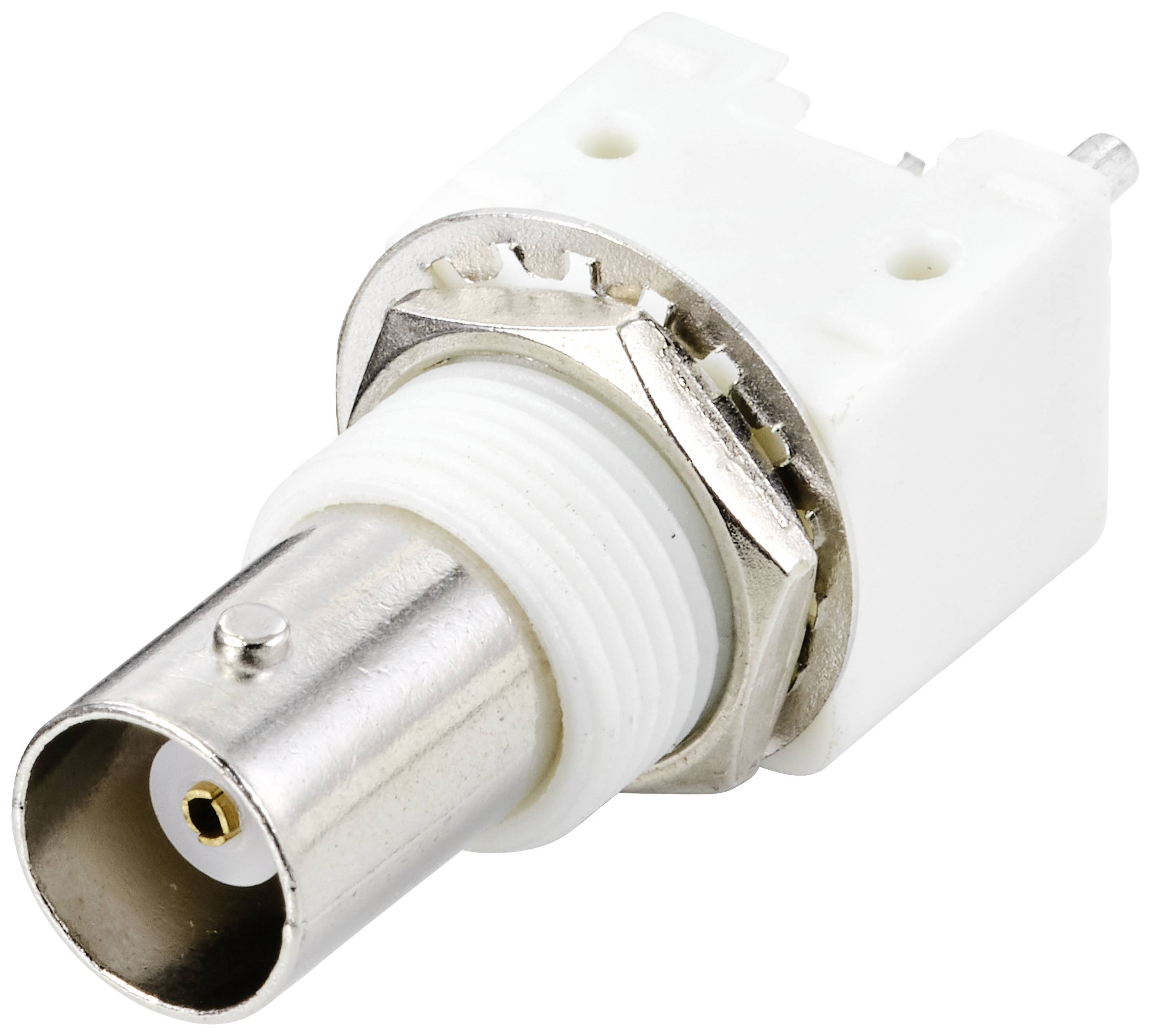 Un connecteur coaxial blanc et argenté, typique des applications audio et vidéo. Il est doté d'un filetage et d'un boîtier métallique.