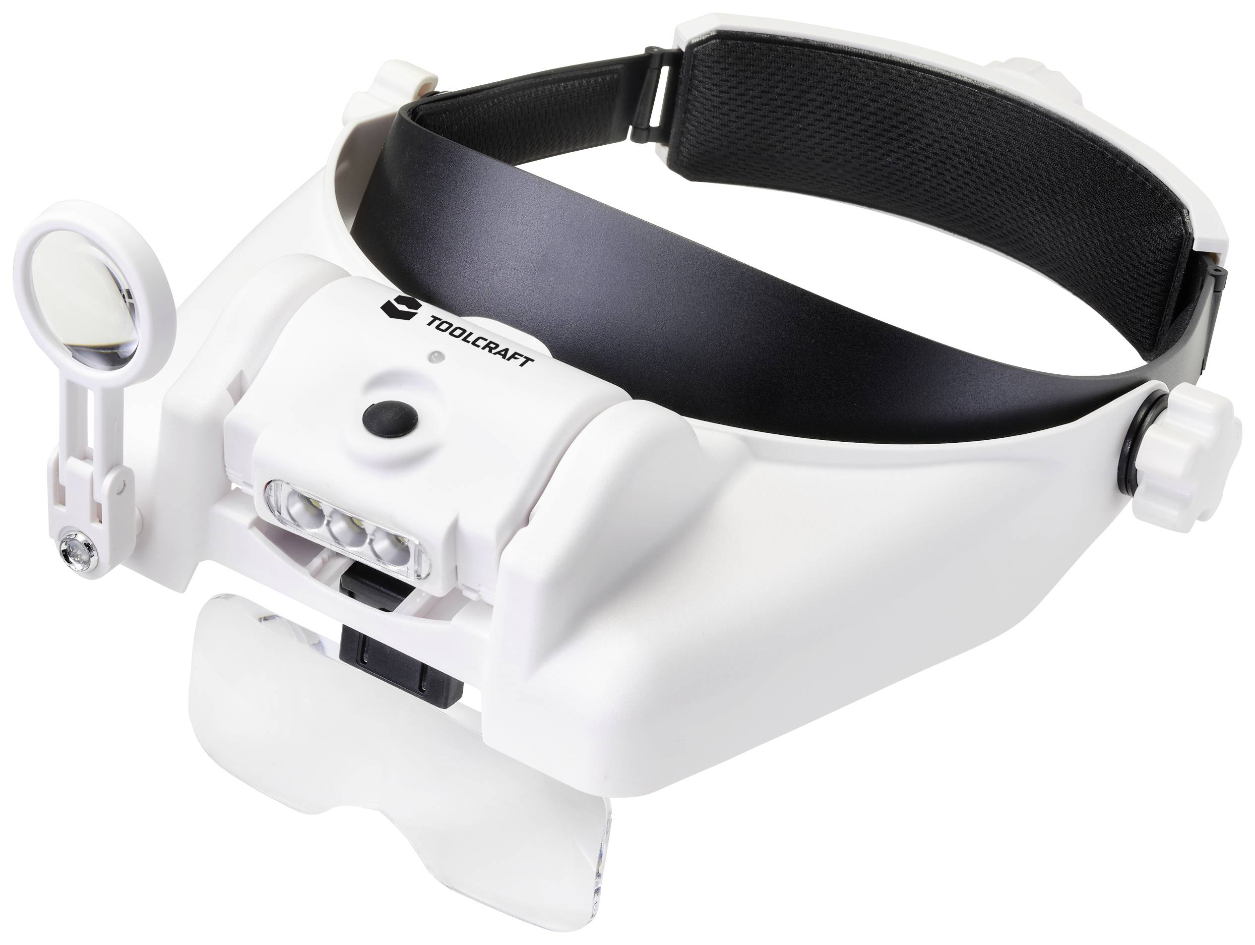 Loupe avec éclairage intégré, bandeau réglable et lentilles amovibles. Idéale pour des travaux précis ou les loisirs créatifs.