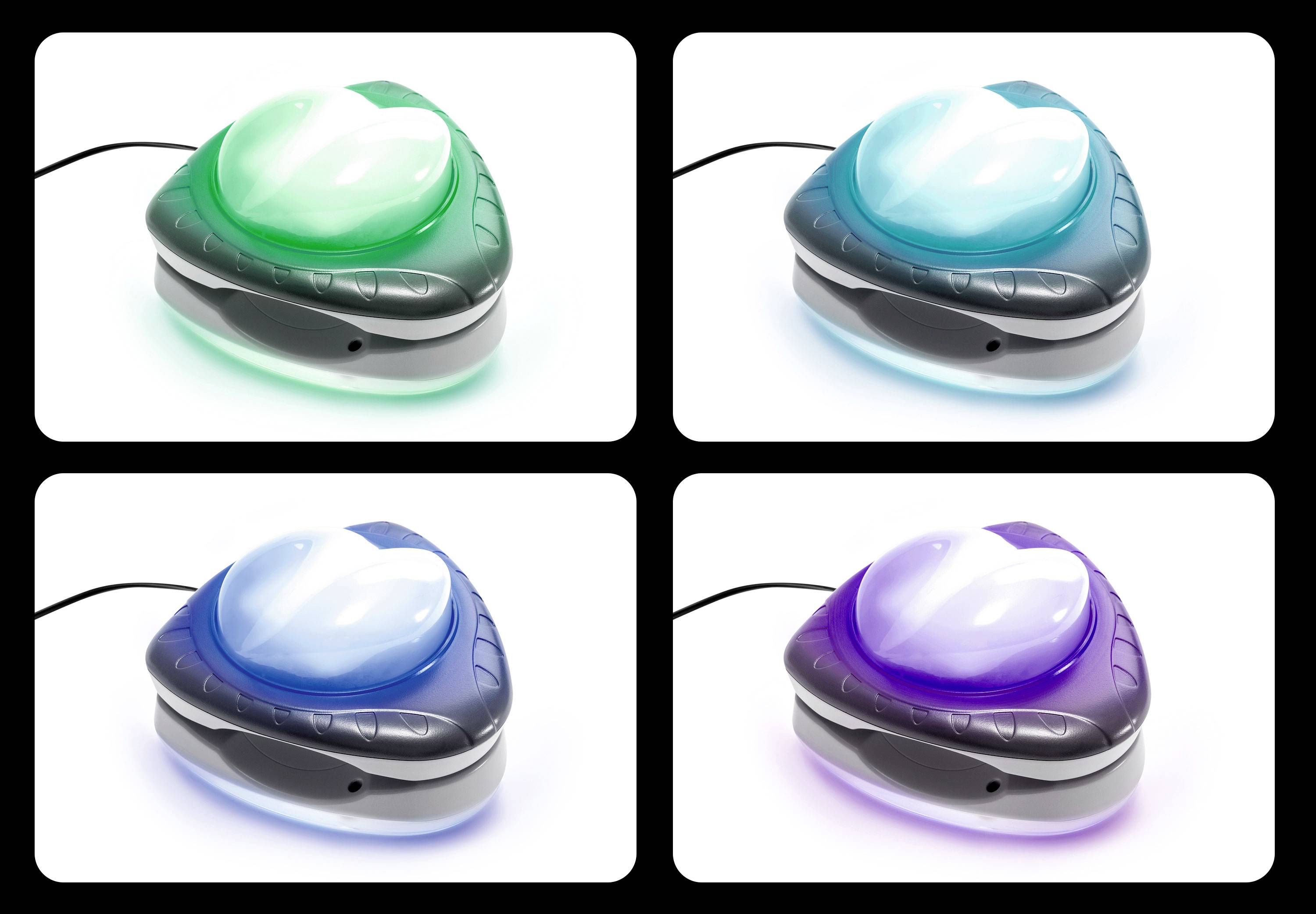 Quatre lampes LED dans différents modes de couleur : vert, cyan, bleu, violet. Chaque lampe présente un design filaire, entourée d'un cadre noir.