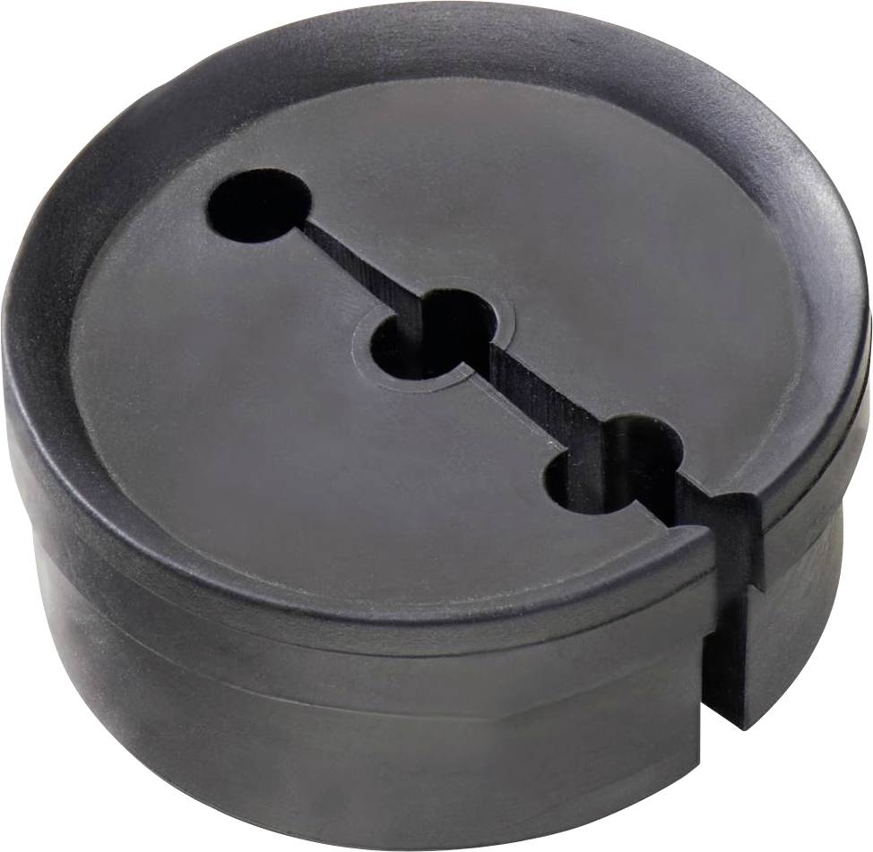 Un capuchon noir, rond et plat en plastique, doté d'une ouverture et de deux tailles de trous différentes pour la fixation ou la protection.