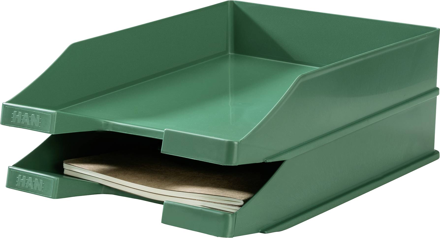 Deux casiers verts en plastique, le supérieur vide, et dans l'inférieur se trouve un carnet de notes.