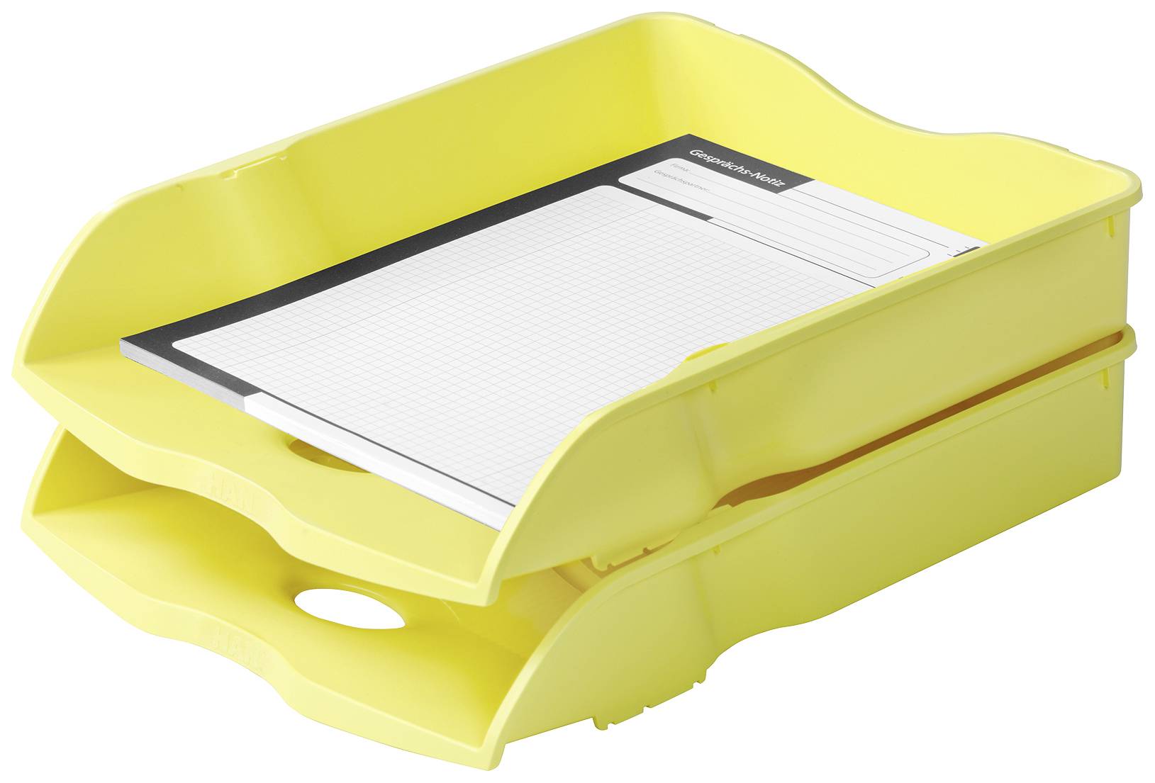 Corbeille jaune à deux compartiments. Un bloc-notes portant l'inscription 'Communauté' est posé sur le dessus.