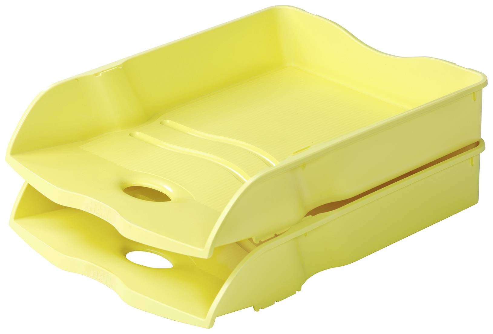 Deux corbeilles de rangement en plastique jaunes et empilables, disposées l'une sur l'autre, destinées à l'organisation de documents.