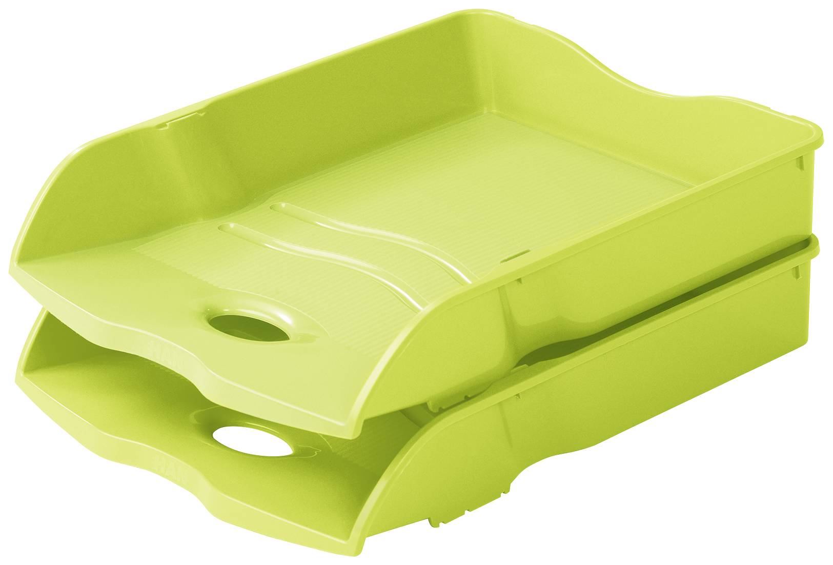 Deux corbeilles de rangement en plastique de couleur verte, empilées les unes sur les autres, destinées à l'organisation et au classement de documents sur un bureau.