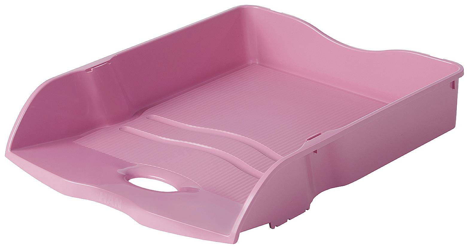 Un bac de rangement rectangulaire en plastique rose, avec un rebord surélevé et une ouverture de préhension sur le côté court, destiné à classer des documents.