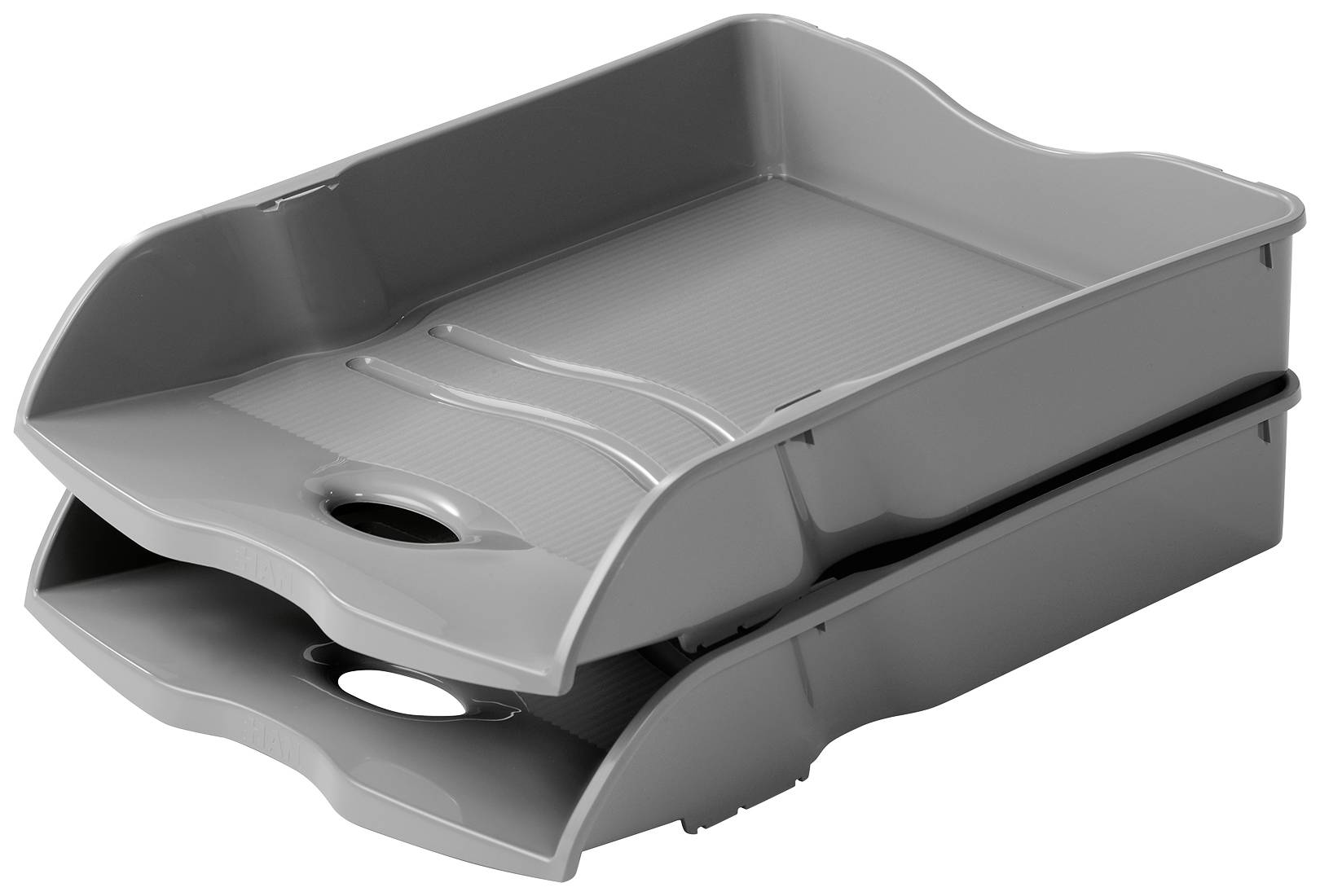 Deux classeurs gris, empilés l'un sur l'autre, adaptés au rangement de documents sur un bureau.