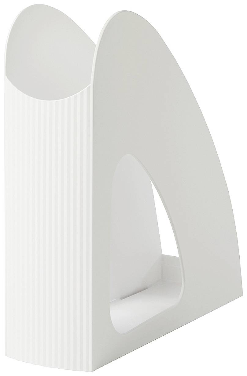 Collecteur de magazines blanc au design moderne et incurvé, avec un compartiment avant ouvert pour un accès facile aux documents.