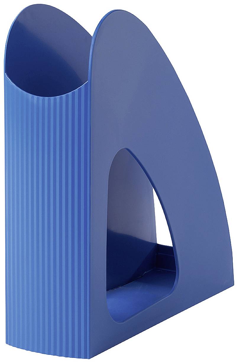 Classeur de magazine bleu en plastique avec une structure ondulée sur un côté, doté d'un compartiment ouvert pour le rangement des magazines.