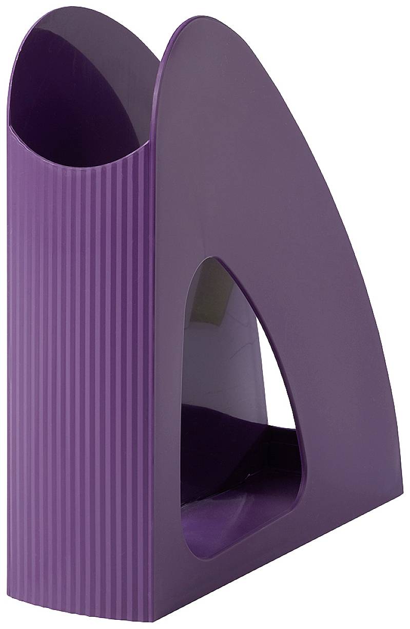 Porte-revues Lila en plastique à surface rainurée et design ouvert, conçu pour ranger des documents ou des magazines.
