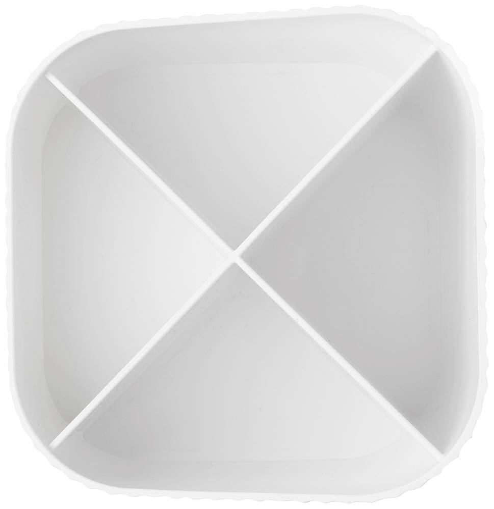 Un récipient en plastique blanc, carré, avec des coins arrondis, divisé en quatre compartiments de taille égale.